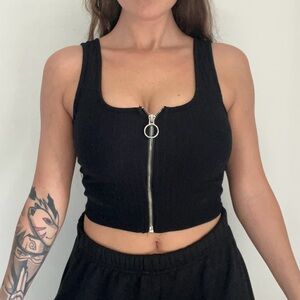 Black Zipper Front Crop Tank Top